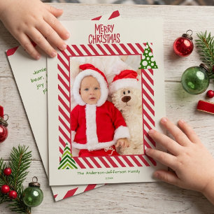 Lustiges rotes gestreiftes gerahmtes Foto Baby 1. Feiertagskarte