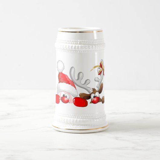 Lustiges Sankt- und Ren-Cartoon-Bier Stein Bierglas (Mittel)