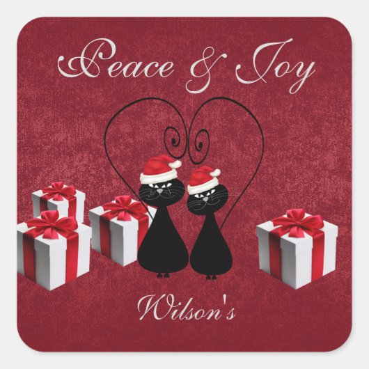 lustiges Santa Cat Paar personalisiert Quadratischer Aufkleber (Vorderseite)