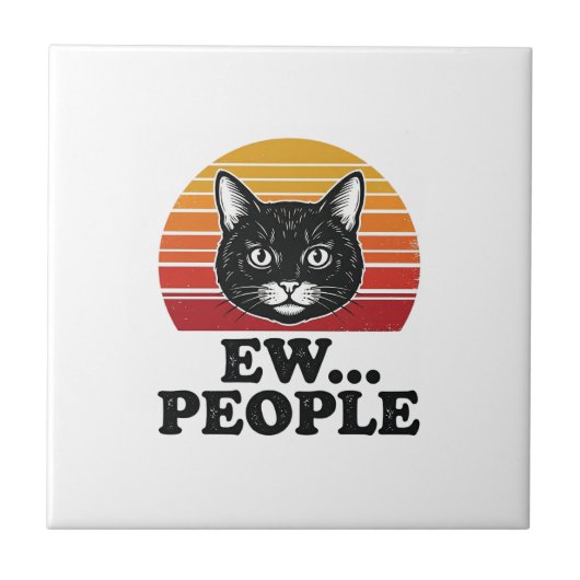 Lustiges Schwarzes Katze Ew Leute Retro Sonnenunte Fliese (Vorderseite)