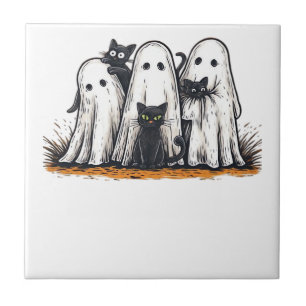 Lustiges schwarzes Katze und Geist Halloween Essen Fliese