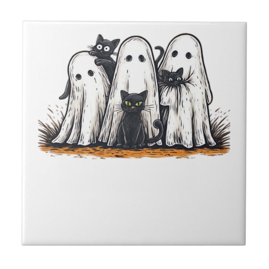 Lustiges schwarzes Katze und Geist Halloween Essen Fliese (Vorderseite)