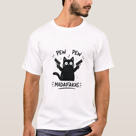 Lustiges Schwarzkatze Pew Pew Design T-Shirt (Vorderseite)