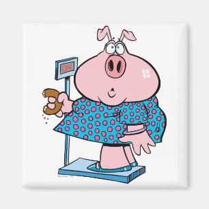 lustiges Schwein auf Diät, das einen Donut im Ma Magnet