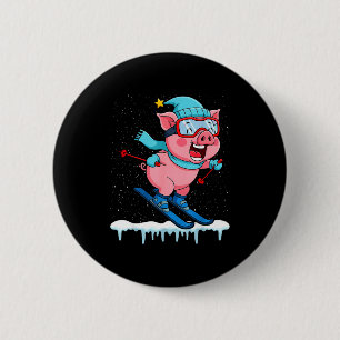 Lustiges Schwein fährt Ski-Design Winterferien Button