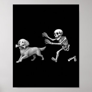 Lustiges Skelett jagt Golden Retriever Halloween Poster