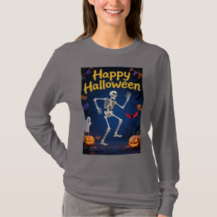 Lustiges Skelett tanzt mit "Happy Halloween"-Banne T-Shirt