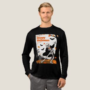 Lustiges Skelett tanzt mit "Happy Halloween"-Banne Tri-Blend Shirt