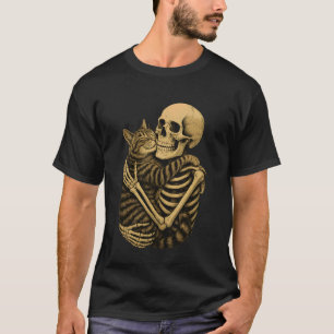 Lustiges Skelett umarmt Katze Halloween Katzenlieb T-Shirt
