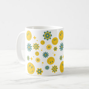 lustiges Smiley-Gesicht und groovy Blumen Kaffeetasse