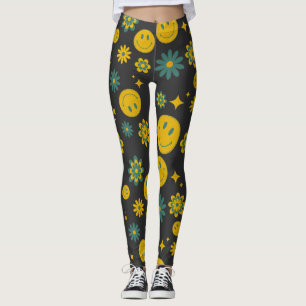 lustiges Smiley-Gesicht und groovy Blumen Leggings