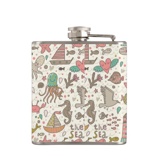 Lustiges Sommer-Muster mit Schiffen Flachmann (Rückseite)