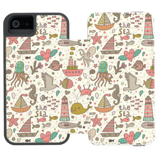 Lustiges Sommer-Muster mit Schiffen Incipio iPhone Geldbeutel-Hülle (Folio Geöffnet)