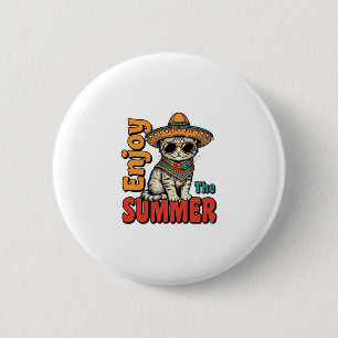 Lustiges Sommerkatzen-Sombrero Vintage-Gravurdesig Button