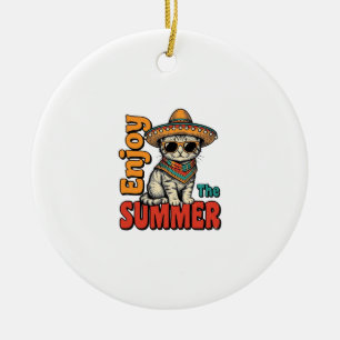 Lustiges Sommerkatzen-Sombrero Vintage-Gravurdesig Keramik Ornament