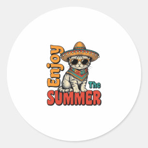 Lustiges Sommerkatzen-Sombrero Vintage-Gravurdesig Runder Aufkleber