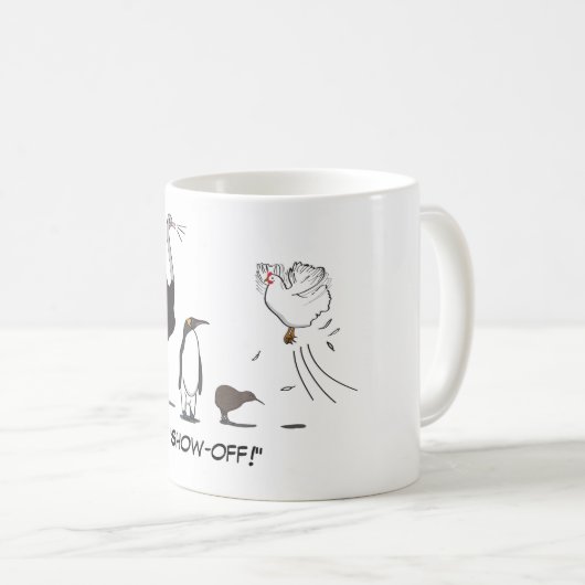 Lustiges Strauß-Pinguin-Kiwi-Fliegen-Huhn führen Kaffeetasse (VorderseiteRechts)