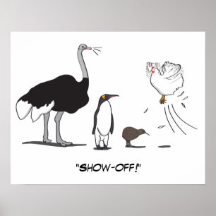 Lustiges Strauß-Pinguin-Kiwi-Fliegen-Huhn führen Poster