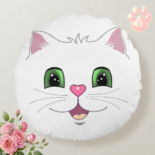 Lustiges süßes Katzen-Gesicht auf weißem runden Ki Rundes Kissen