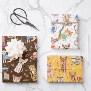 Lustiges süßes Katzen-Wrap-Papier-Set aus 3 Geschenkpapier Set