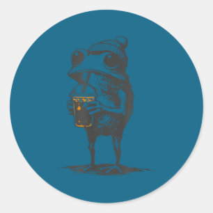 Lustiges Tier-Meme-Frosch, der eisgekühlten Kaffee Runder Aufkleber