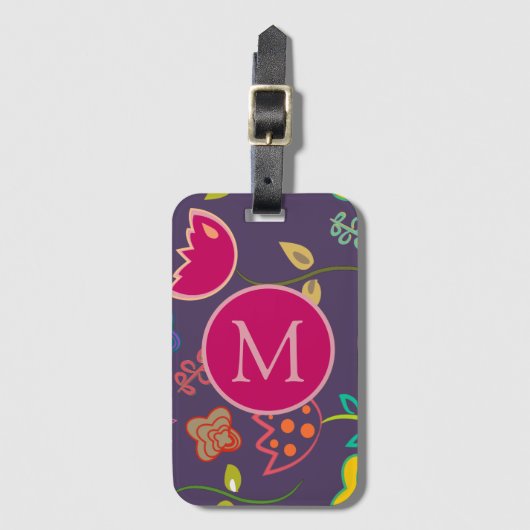 Lustiges Tulpenmuster Lila Monogramm Gepäckanhänger (Vorderseite Vertikal)