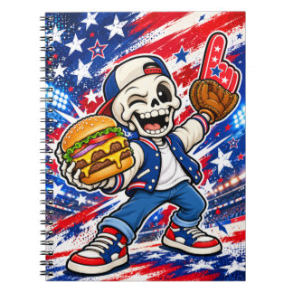 Lustiges USA-Baseball-Skelett-Notizbuch – Burger & Notizblock