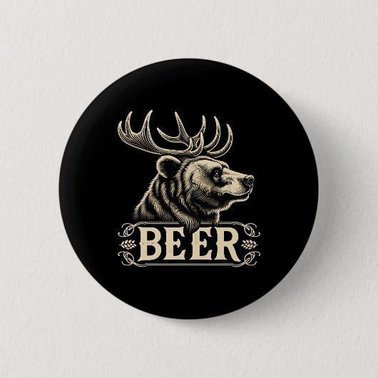 Lustiges Vintage-Bierdesign Bär mit Hirschgeweih F Button (Vorderseite)