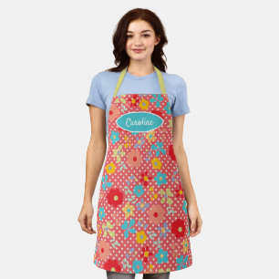 Lustiges Vintage-Blumen-Polka-Dots-Muster auf Rot Schürze