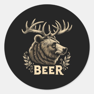 Lustiges Vintage-Design-Bier-Bär mit Hirschgeweih Runder Aufkleber