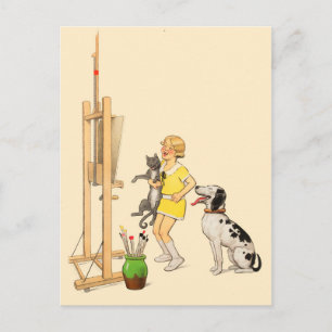 Lustiges Vintage-Mädchen, Hunde-Katzen-Druck von G Postkarte