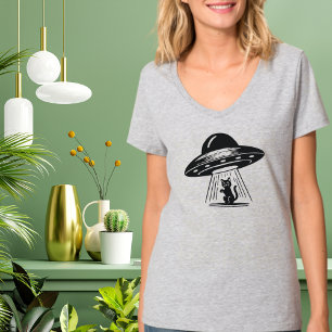 Lustiges Vintage-Schwarzes-Katze-UFO-Raumschiff T-Shirt