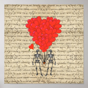 Lustiges vintage Skelett und rotes Herz Poster