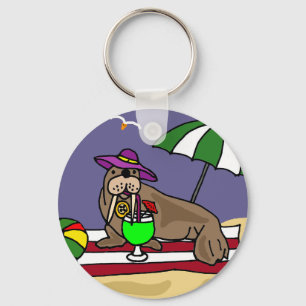 Lustiges Walroß an der Strand-Kunst Schlüsselanhänger