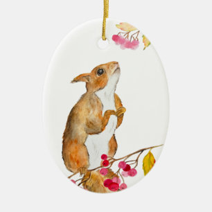 Lustiges Wasserfarben-Eichhörnchen auf einem Ast m Keramik Ornament