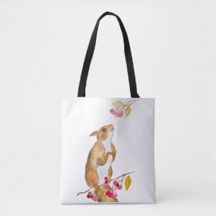Lustiges Wasserfarben-Eichhörnchen auf einem Ast m Tasche