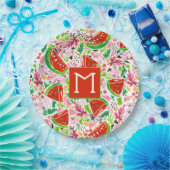 Lustiges Wassermelonen- und Blumendesign-Monogramm Pappteller (Party)