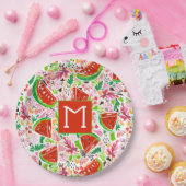 Lustiges Wassermelonen- und Blumendesign-Monogramm Pappteller (Party)