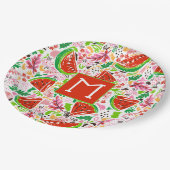 Lustiges Wassermelonen- und Blumendesign-Monogramm Pappteller (Schrägansicht)