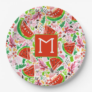 Lustiges Wassermelonen- und Blumendesign-Monogramm Pappteller