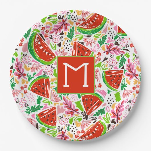 Lustiges Wassermelonen- und Blumendesign-Monogramm Pappteller (Vorderseite)