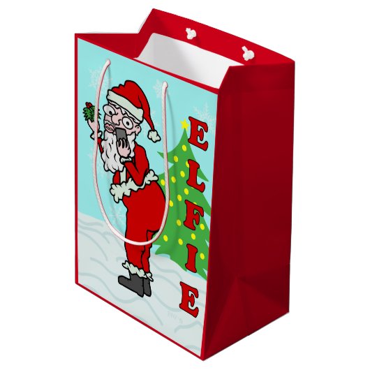 Lustiges Weihnachten Sankt Elfie Mittlere Geschenktüte (Rückseite Schrägansicht)