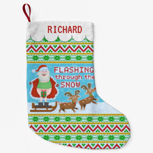 Lustiges Weihnachten Weihnachtsmann, der durch Kleiner Weihnachtsstrumpf