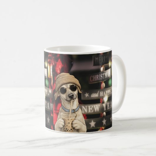Lustiges Weihnachts-Hund trinkt Bubble Tea Kaffeetasse (VorderseiteRechts)