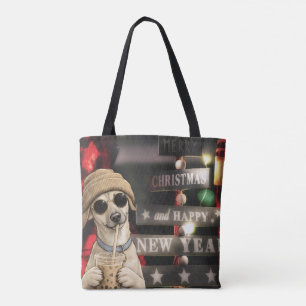 Lustiges Weihnachts-Hund trinkt Bubble Tea Tasche