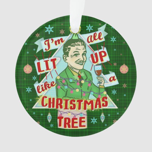 Lustiges WeihnachtsRetro trinkender Spaß-Mann-Lit Ornament (Vorderseite)