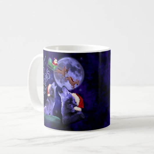 Lustiges Weihnachtswolf-Wortspiel glückliches Kaffeetasse (Vorderseite Links)