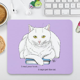Lustiges Weißes Katzenbuch Lesender Humor Lila Mousepad