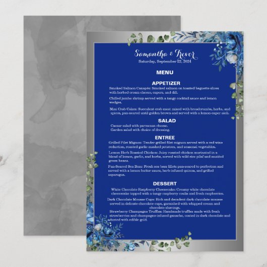 Lustrosa Silver, Blue Azure Dreams Dinner Menu Einladung (Vorne/Hinten)