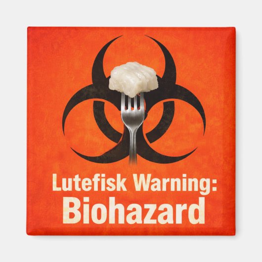 Lutefisk Warning: Biohazard – Funny Scandinavian Magnet (Vorne)
